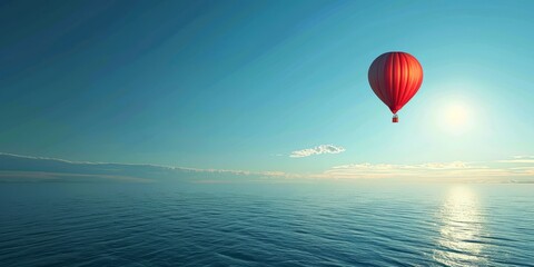 Fototapeta premium Solitary Red Hot Air Balloon Floating Over a Serene Ocean at Sunset