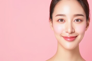 Fototapeta premium Close-up portrait of a smiling woman with clear skin and natural makeup on a pink background, highlighting beauty and freshness.