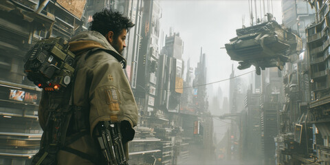 A courageous cyberpunk warrior against the backdrop of the city of the future. Cyberpunk concept