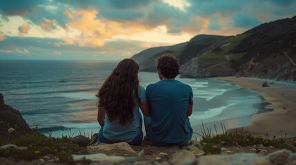 A couple sitting on a cliff overlooking the ocean, enjoying the view