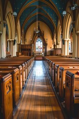 Fototapeta premium Row of wooden pews in a traditional church setting