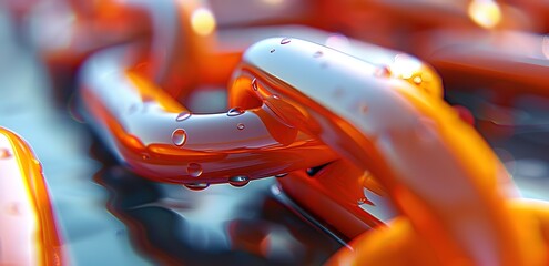 Strands of shiny orange chains and scattered water droplets,