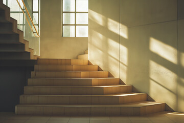 Obraz premium Sunlit Indoor Staircase with Geometric Shadows in Modern Architectural Space