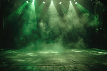 Green spotlights illuminate a smoky stage with wooden floor.
