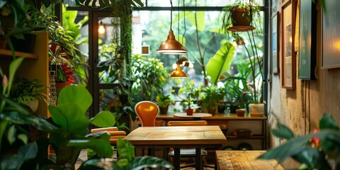 Fototapeta premium Cozy Indoor Cafe Filled with Lush Green Plants and Warm Lighting