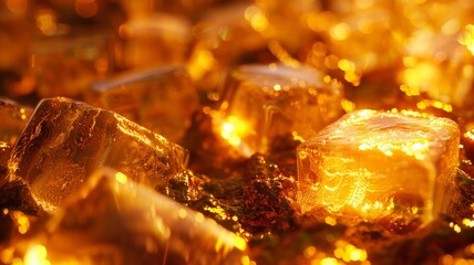 Glowing Amber Cubes in Warm Golden Light Close-Up