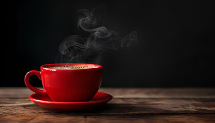 Obraz premium Red cup with hot steaming coffee on wooden table against black background