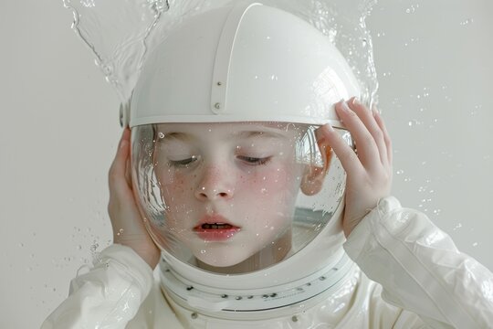 Boy in astronaut helmet getting splashed with water adventure in space experience and exploration concept