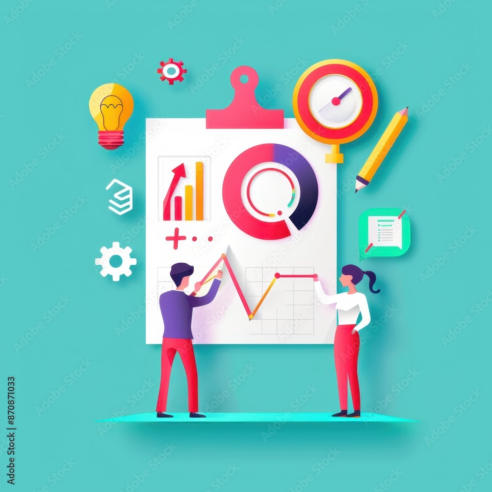 Poster Business analysis concept with graphs, charts, and team collaboration in a modern, flat design style. Ideal for data analysis and teamwork themes.