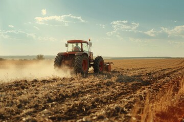 Obraz premium A tractor is used for plowing a field, a common agricultural activity