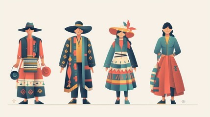 Illustration of People Wearing Colorful Traditional Clothing