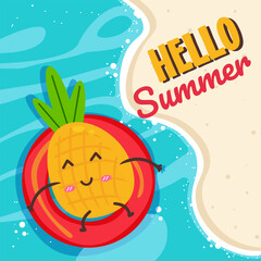 pineapple in a swimming ring at sea. summer sunny weather