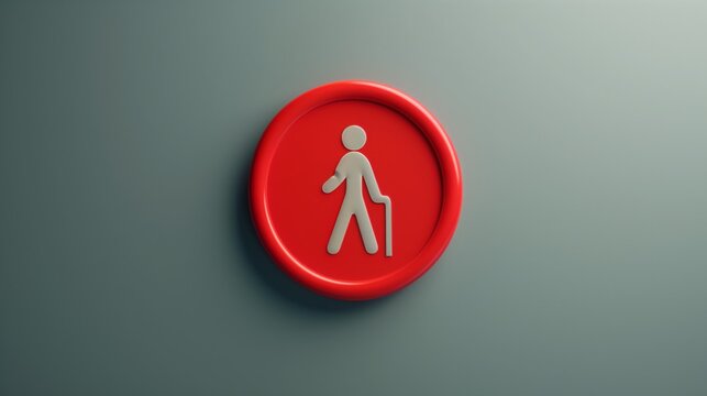 A single red road sign with a white stick figure holding a cane on a gray wall