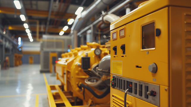 Yellow diesel generators in modern industrial factory room standby for power backup