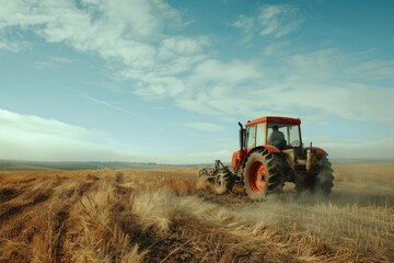Obraz premium A tractor plows a field on a sunny day, with the earth being turned over and crops growing