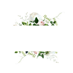 Light pink rose, white peony, emerald greenery vector design banner frame. Wedding seasonal simple flower card. Floral watercolor horizontal logo composition. All elements are Isolated and editable