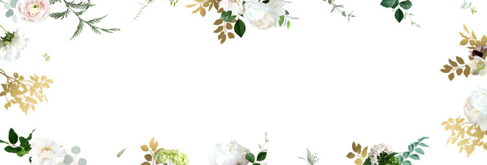 Light pink rose, blush ranunculus, white peony, hellebores, emerald greenery vector design banner frame. Wedding seasonal flower card. Floral watercolor horizontal composition. Isolated and editable