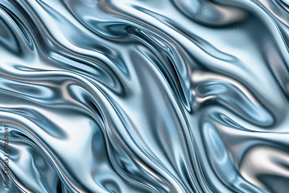Poster Abstract metallic liquid texture with shiny, reflective waves and curves, creating a dynamic and futuristic background in silver tones.