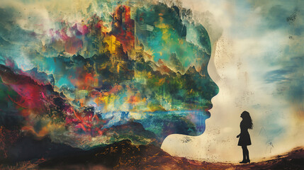 A woman stands before a large, colorful, abstract face in the sky. The image evokes a sense of wonder and mystery.