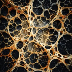 Abstract organic network structure with interconnected cells and dark background, showcasing complex intricate patterns and textures.