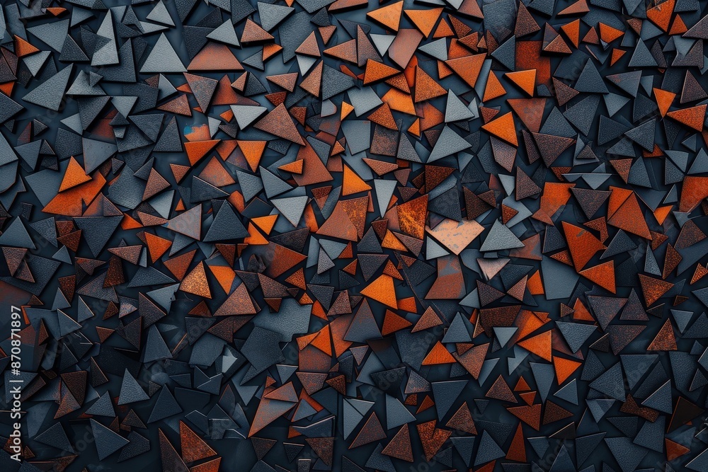 Poster Abstract geometric background with overlapping dark blue and orange triangles creating a modern and dynamic pattern.