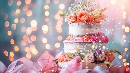 Elegant Three-Tiered Cake Adorned With Fresh Flowers Against Bokeh Background
