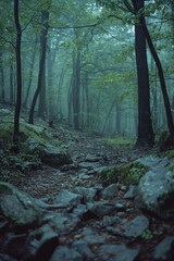 Fototapeta premium Misty Forest Path with Rocky Terrain and Lush Greenery