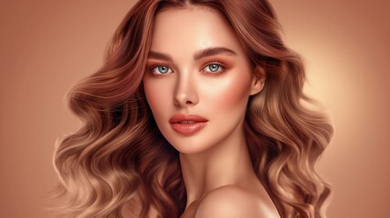 Fototapeta premium A woman with long brown hair and a tan background. She is wearing makeup and has a smile on her face