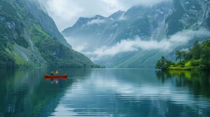 Boat on a lake surrounded by mountains