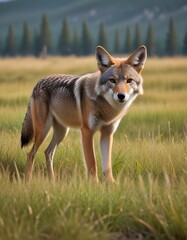 Fototapeta premium In the vast area of the wilderness a sleek coyote prowls silently through the grass and lookig for the prey to eat