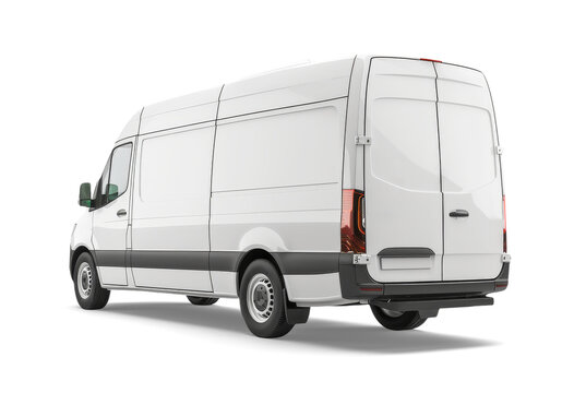 A white van is parked on a white or transparent background