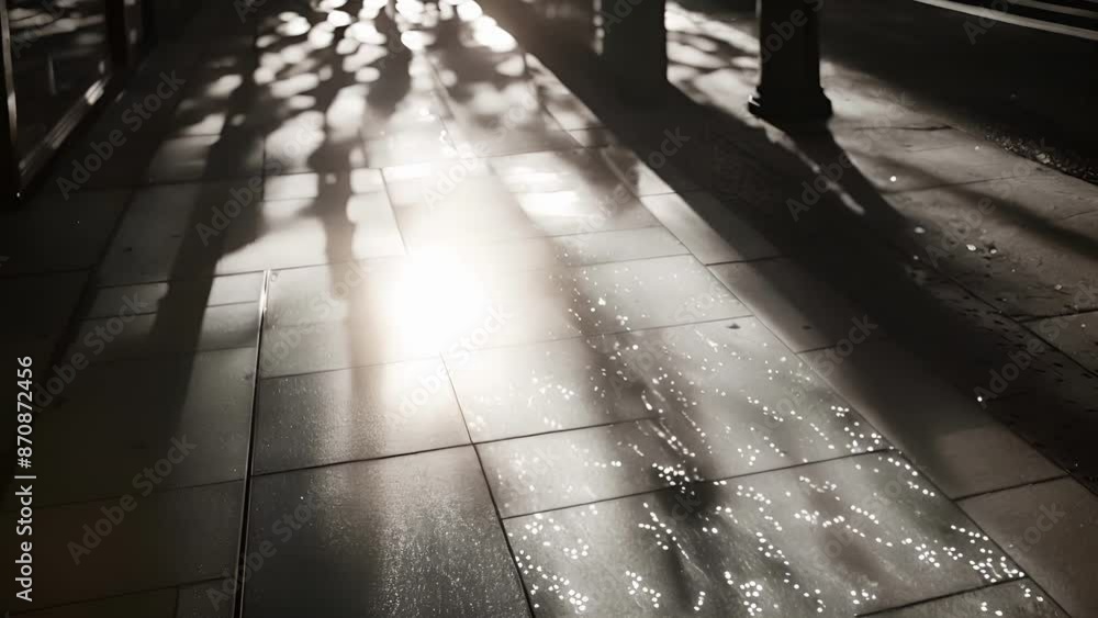 Poster sunlight filtering through the windows of a skyscr casting intricate reflections on the sidewalk bel