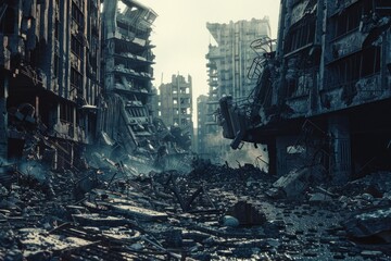 Ruined streets and debris surrounded by high-rise buildings, perfect for scenes of post-apocalyptic or urban crisis