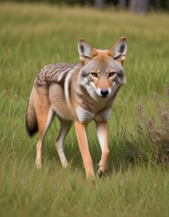 Fototapeta premium In the vast area of the wilderness a sleek coyote prowls silently through the grass and lookig for the prey to eat