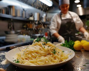 a chef sprinkling parsley on a plate of pasta