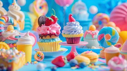 Vibrant Candyland Dessert Table with Cupcakes and Sweet Treats in Rainbow Colors