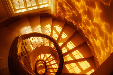 Obraz premium Spiral Staircase with Golden Sunlight Reflections Illuminating the Interior