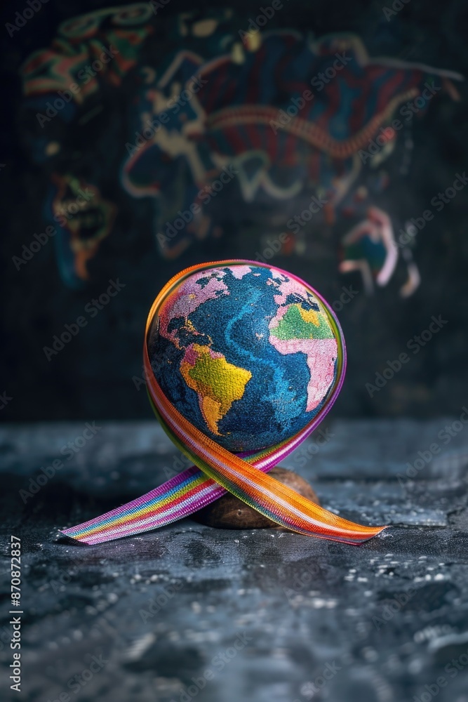 Poster a small globe with a ribbon wrapped around it, suitable for use in presentations, reports, or as a d