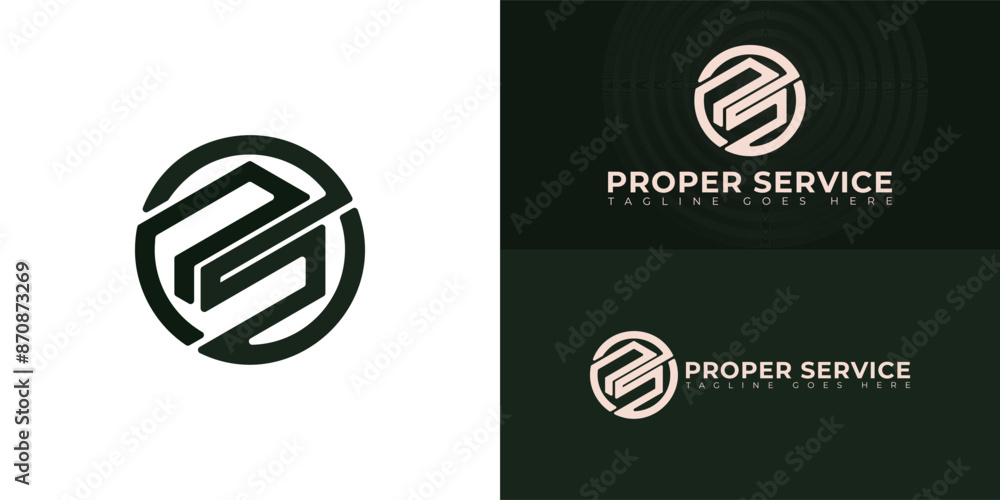 Poster abstract initial circle letters ps or sp logo in green color isolated on multiple background colors.