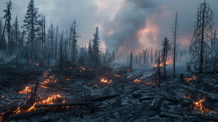 A forest fire is raging through a wooded area, with trees and brush burning