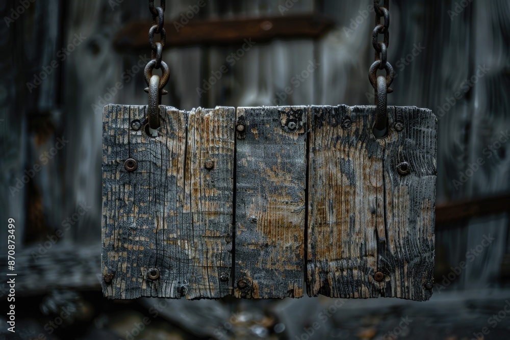 Poster a wooden sign with a rustic design hangs from a chain, suitable for use in rustic or vintage-themed 