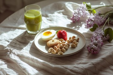 Homemade simple breakfast on kitchen table, green smoothie and boiled eggs, some strawberry, flowers of lilac, elevated luxurious morning everyday routine, closeup photo, AI generated image