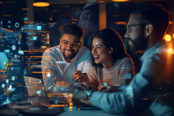 A group of young friends enjoys interacting with a vibrant and colorful digital touchscreen table, filled with laughter and engagement.