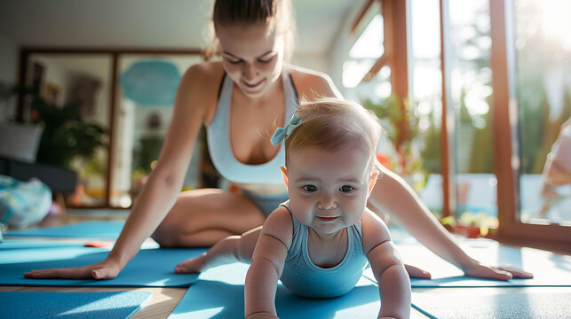 Mother and baby practicing yoga together in a bright room, both doing the happy baby pose on blue mats.