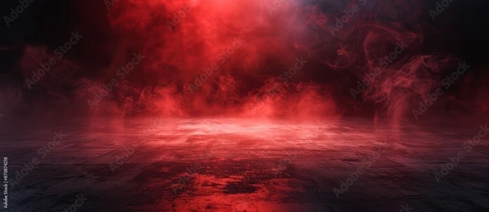 Poster a 3d illustration of a dark underground garage with a red neon laser line creating a smoke fog effec