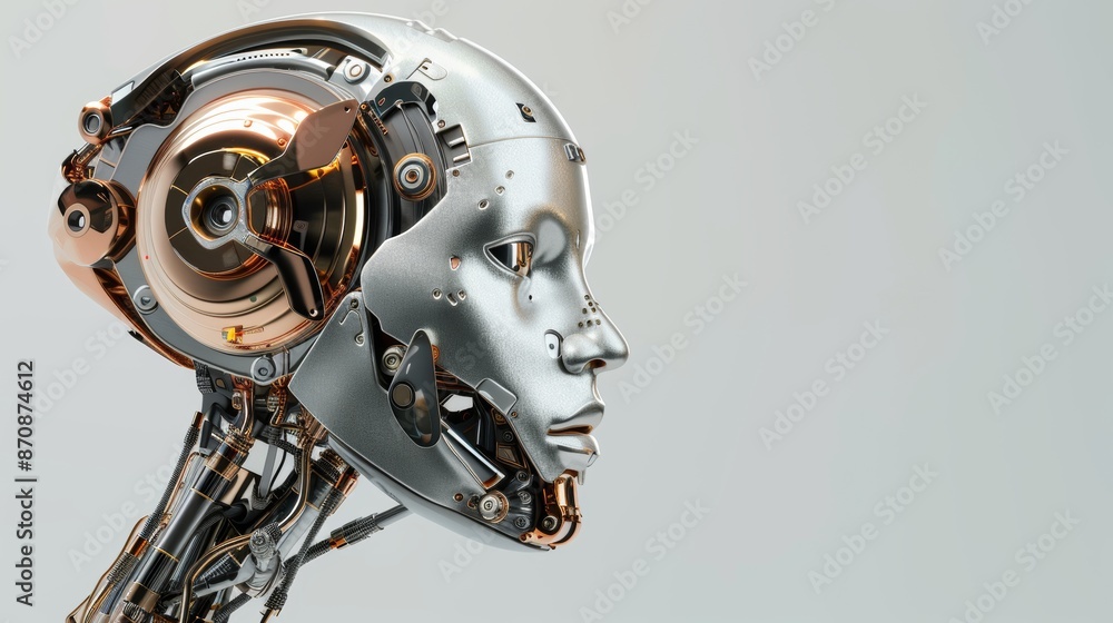 Poster the image shows a futuristic robot man or red humanoid cyborg with a metallic skull head. the image 