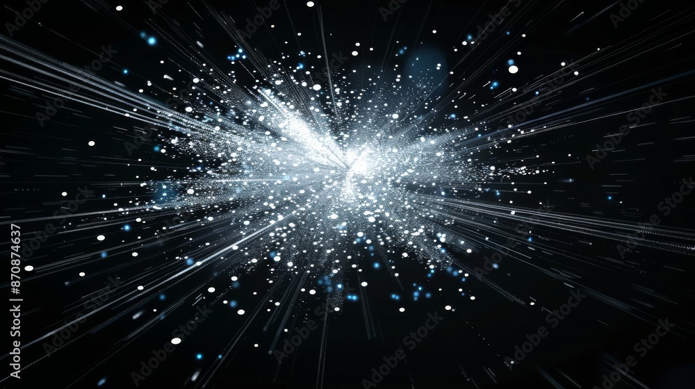 Poster loopable animation of exploding blue and black particles.