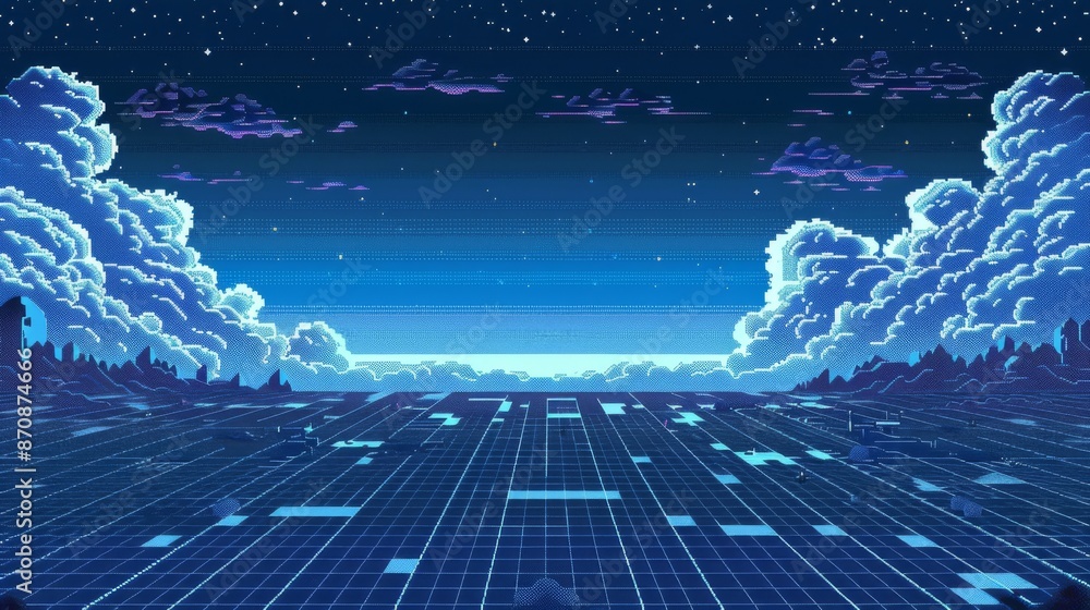 Poster cyberpunk style retro 80s game scene with pixel art 8-bit sci-fi background. futuristic with laser g