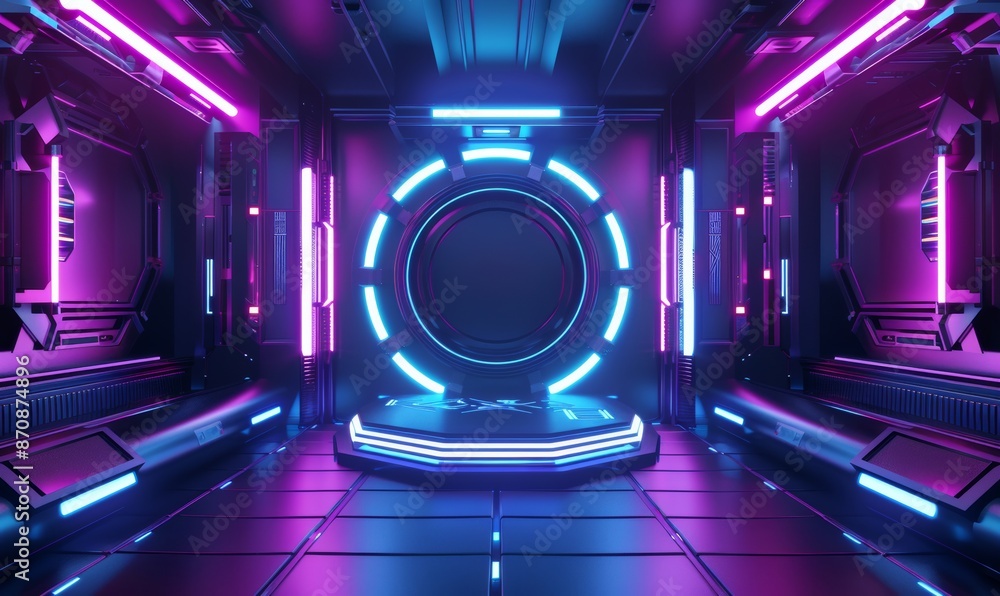 Aufkleber an interior design of a spaceship laboratory and an empty podium for presenting cyberpunk products. 