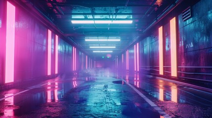 Fototapeta premium Night scene of a dark futuristic cyberpunk city street in 3D.